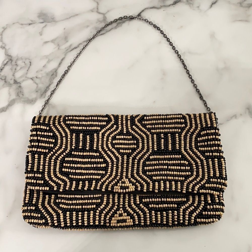 Chicos  Beaded Black and Cream Evening Shoulder Bag